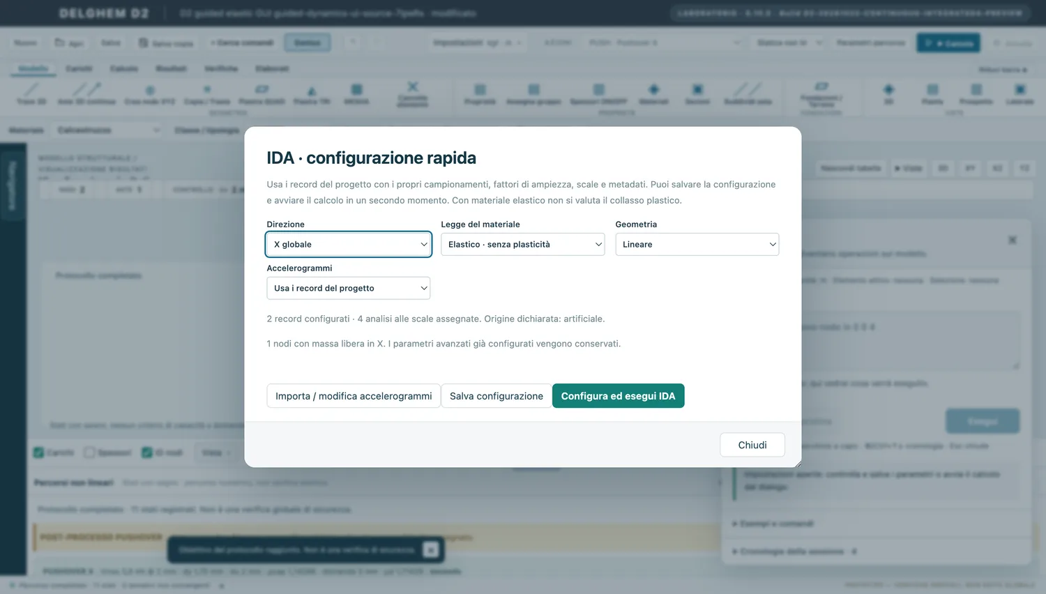 Schermata reale di configurazione accelerogramma in DÈLGHEM D2