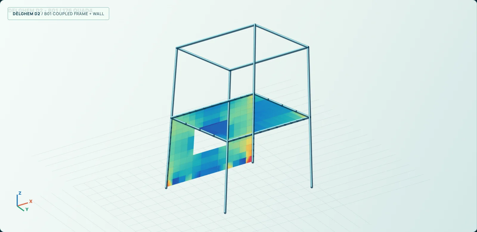 DÈLGHEM color-coded Von Mises shell stresses on a perforated concrete wall and spatial beam-frame model from genuine KratosMultiphysics analysis