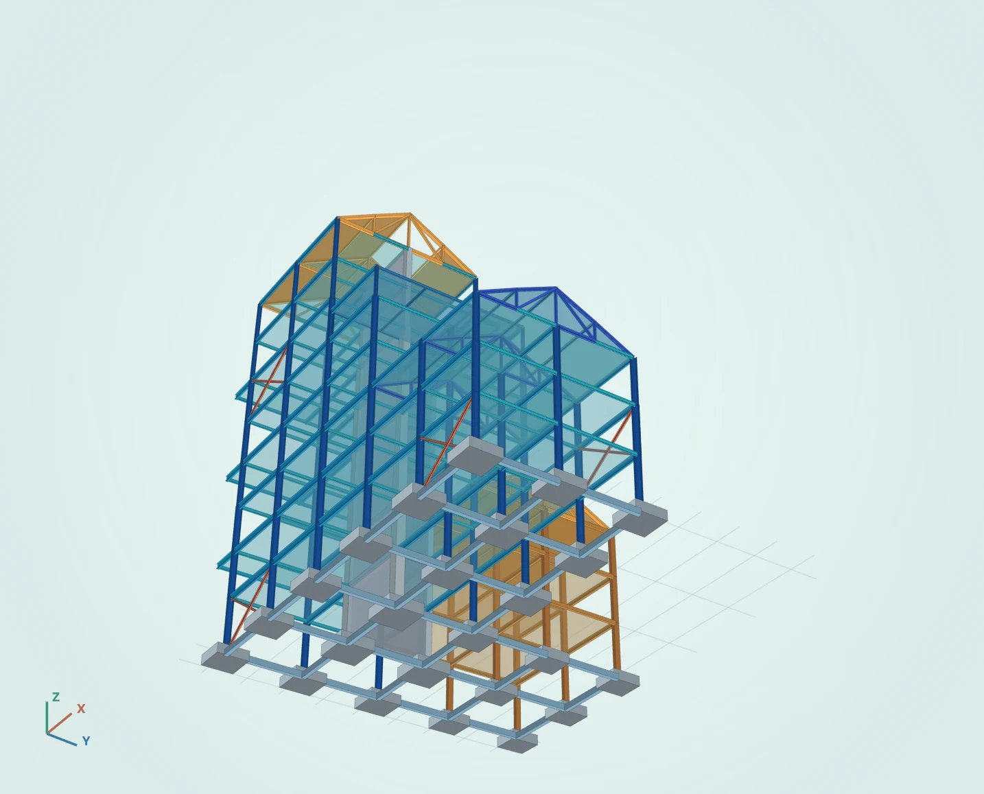 Torre dimostrativa di otto piani generata da un modello DÈLGHEM D2 editabile con elementi S355, C30/37 e GL24h